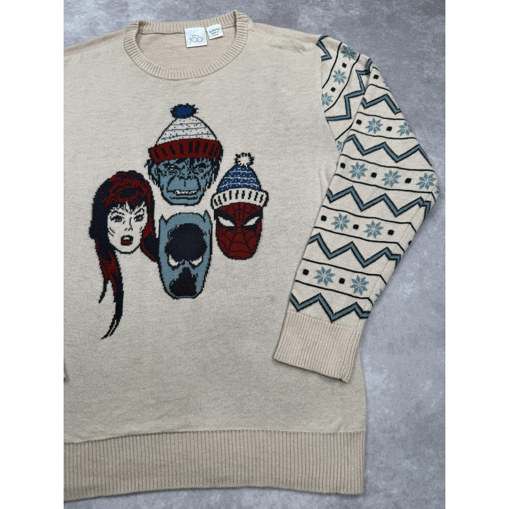 Disney Marvel Sweater WomensXL Beige Knit Spider Man Beast Holiday Crewneck 2023 - Picture 4 of 16